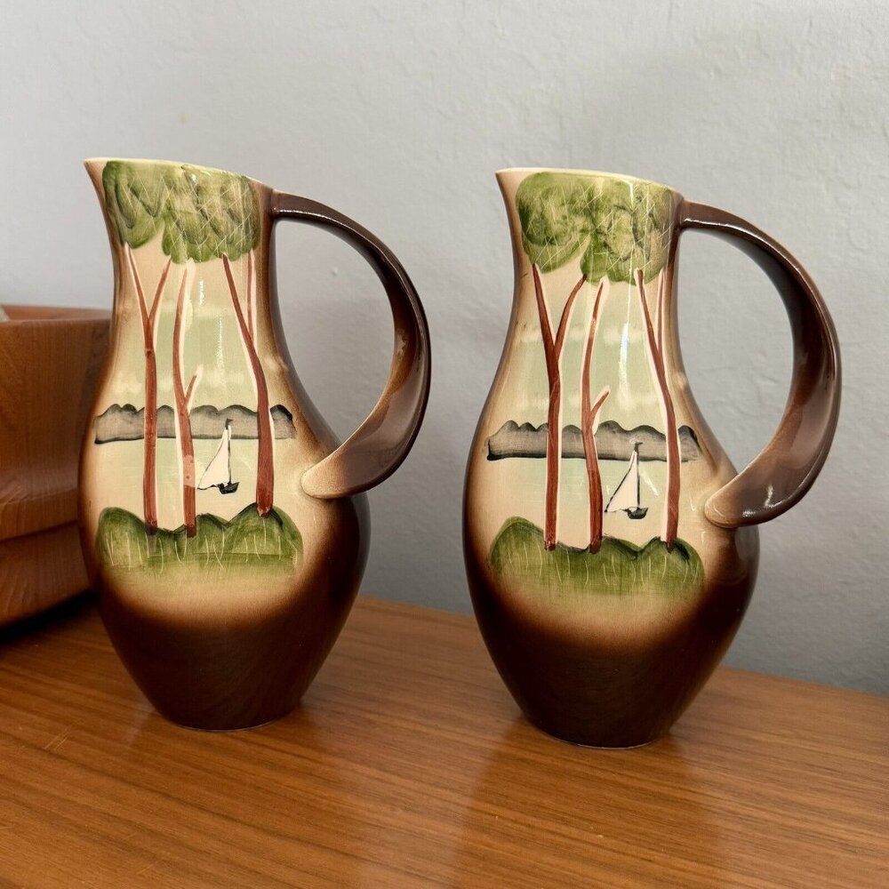 Vintage Nippon Vase Yoko Boeki Co Lake Sailing Scene Set Of 2 MCM